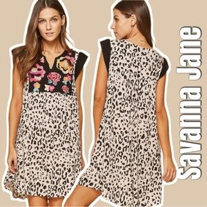 Savanna Jane Leopard Shift Dress Embroidered‎ Cheetah Flowers Boho Plus Size 1X